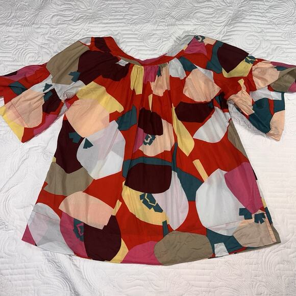 French Connection Top Size 12 Colorful Abstract Flowy Flutter Sleeve Blouse Art - Picture 9 of 14